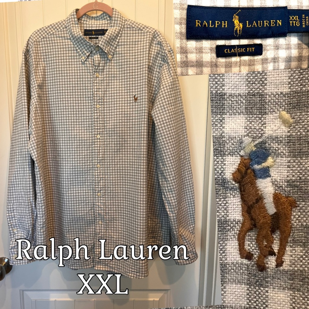 Ralph Lauren Gray & White Checkered Classic Fit Button Up Shirt Flesh Pony XXL